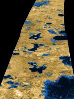 Radarový snímek jezer kapalného metanu v okolí severního pólu měsíce Titan.