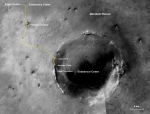 Snímek okolí kráteru Endeavour ukazuje cestu uraženou Opportunity (žlutá křivka) z místa výsadku (vlevo nahoře) Autor: NASA