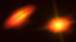 složený snímek dvojhvězdy HK Tauri – HST a ALMA - eso1423 Autor: B. Saxton (NRAO/AUI/NSF); K. Stapelfeldt et al. (NASA/ESA Hubble)