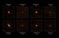 Autor: ALMA (ESO/NAOJ/NRAO), Zhang et al. - Mozaika  snímků čtveřice galaxií s překotnou tvorbou hvězd jak je zachytil teleskop ALMA. Snímky v horní řadě představují pro každou galaxii záznam emise molekuly 13CO, dolní řada pak ukazuje emise molekuly C18O. Poměrné zastoupení těchto izotopologů molekuly CO astronomům umožnilo určit, že sledované galaxie mají přebytek hmotných hvězd.