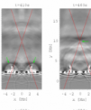 Autor: Petr Jelínek - Sekvence snímků z numerického modelu. Obrázky zachycují vývoj poruchy hustoty, v níž jsou dobře patrné šířící se čela rázových vln. Červené přímky označují separatrixy magnetického pole, v jejichž průsečíku se nachází rekonexní bod X. Zelené šipky poukazují na čelo vlny pocházející z fotosféry.