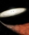 Autor: NASA and L. Hustak (STScI) - Umělecké ztvárnění nově objevené trpasličí novy, v níž bílý trpaslík vysává materiál ze svého průvodce – hnědého trpaslíka