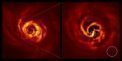 Autor: ESO/Boccaletti et al. - Snímek hvězdy AB Aurigae zachycuje disk v jejím okolí. Vpravo je zvětšenina centrální oblasti levého snímku a zachycuje vnitřní partie disku. Blízko středu pravého snímku je patrný zlom ve struktuře disku označovaný jako ‚twist‘ (jasná žlutá barva), o kterém se vědci domnívají, že ukazuje na přítomnost formující se planety. Útvar se nachází od hvězdy AB Aurigae v podobné vzdálenosti jako Neptun od Slunce. Záběr byl pořízen dalekohledem ESO/VLT a přístrojem SPHERE v polarizovaném světle.