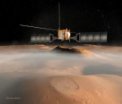 Autor: ESA/NASA/JPL-Caltech - Na této ilustraci prolétává evropská sonda Mars Express nad povrchem Marsu; JPL dodala přijímač pro radar MARSIS (Mars Advanced Radar for Subsurface and Ionospheric Sounding) na palubě sondy