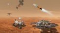 Autor: NASA/JPL-Caltech - Na této kresbě vidíme koncept mise návratu vzorků z Marsu (Mars Sample Return) po revizi v roce 2022. K platformě s návratovou raketou má vzorky dopravit přímo Perseverance a pomoci jí mohou i dvě helikoptéry. Na oběžné dráze na vzorky počká návratová družice.