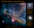 Autor: NASA, ESA, CSA, PDRs4All ERS Team; image processing Salomé Fuenmayor; text Martin Gembec - Na snímku části mlhoviny v Orionu jsou vyznačeny dvě oblasti - právě vzniklé mladé hvězdy stále ještě ukryté uvnitř kokonu zbylé látky, z níž byla vytvořena a další mladou hvězdu s protoplanetárním diskem kolem ní.
