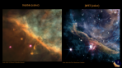 Autor: NASA/ESA/CSA/Rice University/PDRs4All Team - V porovnání snímku Hubbleova vesmírného dalekohledu se snímkem dalekohledu Jamese 
Webba můžeme dobře odlišit, jak je infračervené záření, ve kterém se dívá JWST, prostupnější oblaky prachu v mlhovině, oproti záření viditelnému na snímku HST.