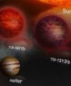 Autor: Thibaut Roger - Malířovo ztvárnění pětice hnědých trpaslíků objevených satelitem TESS, jejich velikosti jsou ve správném předpokládaném poměru. Pro srovnání velikosti je zobrazeno i Slunce, Jupiter a trpasličí málo hmotná hvězda. © (CC BY-NC-SA 4.0) Thibaut Roger, Université de Genève.