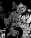 Autor: ESA/Rosetta-blog - Fotografie z modulu Philae, pořízená po přistání na kometě (listopad 2014)