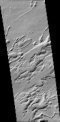 Autor: ESA. - 25 kilometrů široký pruh složených snímků z kamery CaSSIS zachycuje oblast Arsia Chasmata.