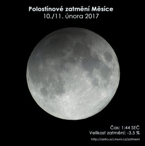Simulační snímek polostínového zatmění Měsíce 11. února 2017. Zdroj: EAI. Simulační snímek polostínového zatmění Měsíce 11. února 2017. Zdroj: EAI.
