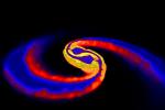 Poeítaeový model splynutí dvou neutronových hvizd.Credit: Daniel Price (U/Exeter), Stephan Rosswog (Int. U/Bremen
