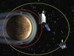 Dvojice orbiterů sondy BepiColombo na oběžné dráze kolem planety Merkur.