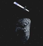 Průlet sondy Rosetta kolem planetky Steins - kresba.
