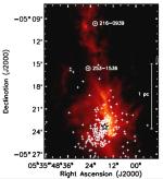 Označení poloh protoplanetárních disků 216-0939 a 253-1536 v Mlhovině v Orionu