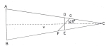 Obr. 3 Metoda zjišťování rozměru sekundárního zrcadélka pro helioskop. AB) průměr zrcadla, DE) délka malé poloosy elipsy zrcadla, FG) délka velké osy zrcadla, v) výška trojúhelníku ABC.