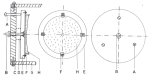 Obr. 4 Koncová část helioskopu se zrcadlem. A) šroub regulace polohy zrcadla, B) osový šroub upevňující destičku zrcadla, C) uzávěr tubusu, D) ocelová pružina, E) nosná destička zrcadla, F) plechová příchytka zrcadla se šroubem, G) tubus přístroje, H) zrc