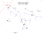 Poloha radiantu meteorického roje Geminidy. Zdroj: Spaceweather.com.