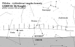 Vyhledávací mapka komety pro červen s vyznačenou hvězdou Capella, polohy vždy pro půlnoc.