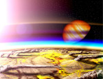 Umělecká představa vulkanické činnosti na měsíci, obíhajícím kolem obří exoplanety