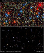 Část kulové hvězdokupy Omega Centauri. Pro hvězdy z oblasti vyznačené rámečkem byly měřeny pohyby hvězd - viz obrázek dole.