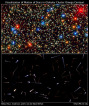 Část kulové hvězdokupy Omega Centauri. Pro hvězdy z oblasti vyznačené rámečkem byly měřeny pohyby hvězd - viz obrázek dole.