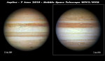Jupiter s pásem (červenec 2009) a bez něj (leden 2010). Autor: HST