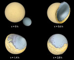 Čtyři momentky z počítačové simulace srážky dvou těles na oběžné dráze kolem Země