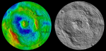 Jižní pól planetky Vesta s dvěma obřími impaktními pánvemi. Zdroj: NASA.