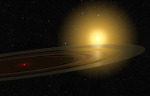 Zákryt hvězdy pravděpodobným prstencem exoplanety - představa malíře