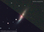 Pro srovnání snímek galaxie M 82 vzniklý průměrováním osmi dvouminutových expozic, navíc je aplikován dark frame. Druhá polovina snímku je jeden surový snímek bez aplikace dark framu.