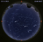 Mapa oblohy 13. června 2012 ve 23 hodin SELČ. Data: Stellarium