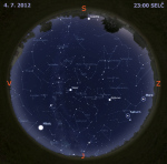 Mapa oblohy 4. července 2012 ve 23 hodin SELČ. Data: Stellarium