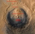 Kráter Gale s vyznačeným předpokládaným místem přistání MSL (zelený bod). NASA/JPL 