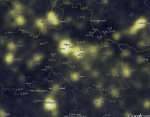 Měření z databáze Skyquality importovaná do Google Earth na podkladu nočního satelitního snímku Liberecka