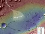 Výšková mapa místa přistání Curiosity, ukazující dávný směr toku vody. Autor: NASA