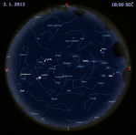 Mapa oblohy 2. ledna 2013 v 18 hodin SEČ. Data: Stellarium Autor: Martin Gembec