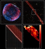 čelo rázové vlny v pozůstatcích po explozi supernovy SN 1006 pomocí VLT/VIMOS Autor: ESO, Radio: NRAO/AUI/NSF/GBT/VLA/Dyer, Maddalena & Cornwell, X-ray: Chandra X-ray Observatory; NASA/