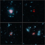 snímky vzdálených galaxií zobrazených gravitační čočkou (červeně) pořízené dalekohledem ALMA  Autor: ALMA (ESO/NRAO/NAOJ), J. Vieira et al.