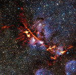 oblast s probíhající tvorbou hvězd – NGC 6334 - APEX - ArTeMiS - eso1341 Autor: ArTeMiS team/Ph. André, M. Hennemann, V. Revéret et al./ESO/J. Emerson/VISTA Acknowledgment: Cambrid