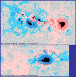 Aktivní oblasti na Slunci 24.10.2013, magnetogramy ukazují promíchané jižní a severní polarity magnetických polí Autor: SDO, solen.info