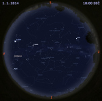 Mapa oblohy 1. ledna 2014 v 18 hodin SEČ. Data: Stellarium Autor: Martin Gembec
