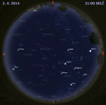 Mapa oblohy 2. dubna 2014 ve 21 hodin SELČ. Data: Stellarium Autor: Martin Gembec