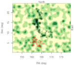 Obří velká skupina kvasarů Huge-LQG (zeleně) je největší strukturou ve vesmíru, červeně je dříve známá Velká skupina kvasarů (LQG) Autor: R. G. Clowes