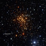 hvězdokupa Westerlund 1 s vyznačenou polohou magnetaru i možné druhé složky původní dvojhvězdy - eso1415 Autor: ESO