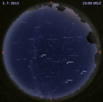 Mapa oblohy 2. července 2014 ve 23 hodin SELČ. Data: Stellarium Autor: Martin Gembec