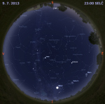 Mapa oblohy 9. července 2014 ve 23 hodin SELČ. Data: Stellarium Autor: Martin Gembec