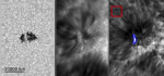 Světelný most přes sluneční póru, vlevo ve viditelném záření, uprostřed ve spektrální čáře záření vápníku a vpravo energetický tok nesený zvukovými vlnami do chromosféry. Červený čtverec vyznačuje kontrolní oblast klidného Slunce. Autor: Astronomický ústav AV ČR