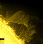 Menší protuberance pozorovaná 3. října 2007 dalekohledem na palubě japonské družice Hinode. Z videa je patrná velká dynamika tohoto útvaru, periodovou analýzou bychom mohli identifikovat význačné módy magnetozvukových vln a využít je k diagnostice. Autor: Observatoř Ondřejov