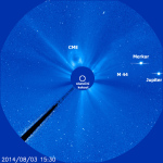 Jupiter a Merkur v LASCO C3 dne 3. 8. 2014 Autor: SOHO/LASCO (ESA & NASA)